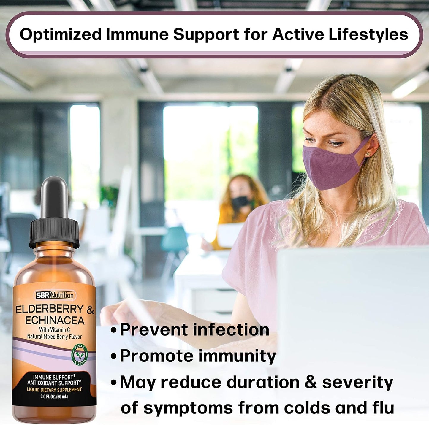 Organic Elderberry and Echinacea Immune Support Liquid Supplement with Vitamin C - Vegan Sambucus Extract Booster for Adults - 2oz