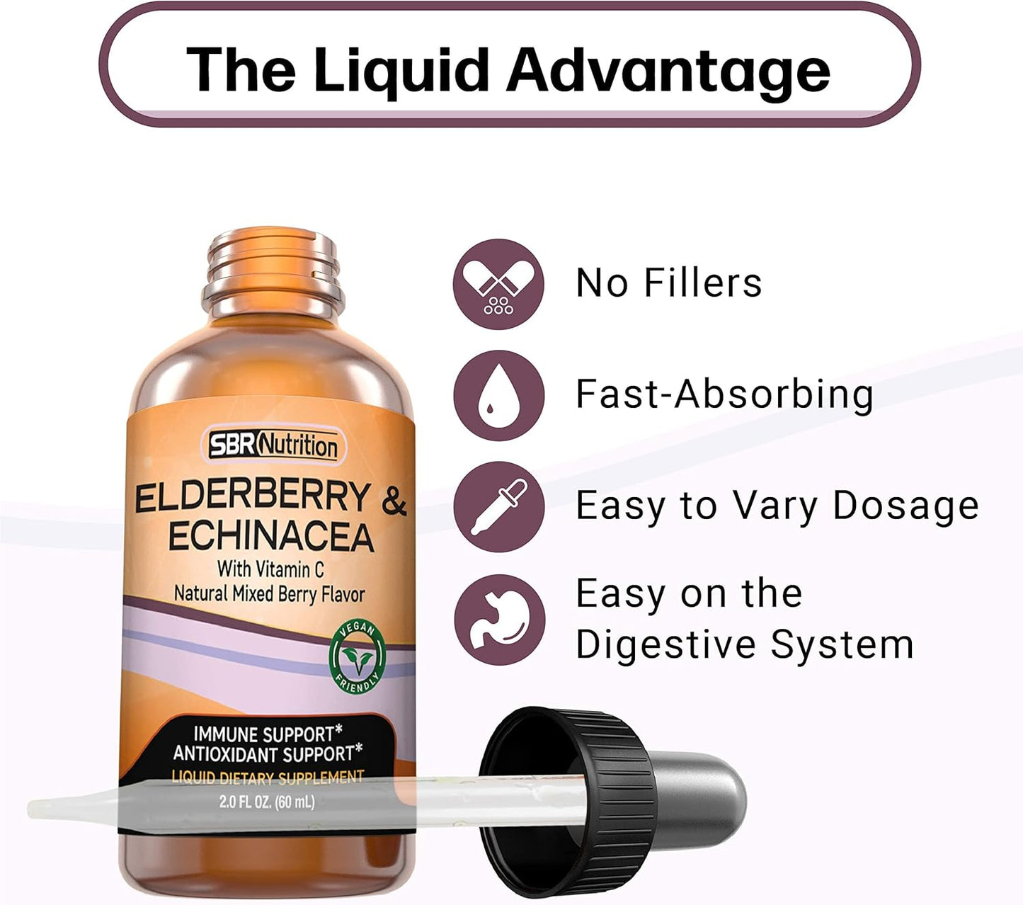 Organic Elderberry and Echinacea Immune Support Liquid Supplement with Vitamin C - Vegan Sambucus Extract Booster for Adults - 2oz