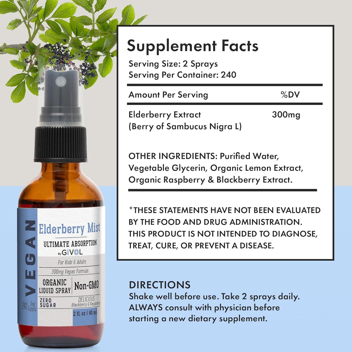 Organic Elderberry and Vitamin C Extra Strength Spray Mist for Immune Support - Non-GMO Daily Liquid Extract - Wellness Boost