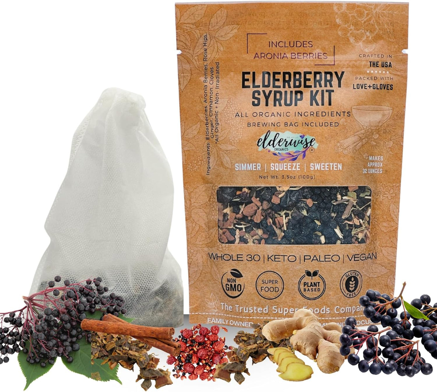 Organic Elderberry Aronia Berry Syrup Kit - DIY Elderwise Organics Brewing Set for 32oz Syrup with Elderberries, Aronia Berries, Rosehips, Ginger, Echinacea, Cinnamon, Cloves, and Brewing Bag