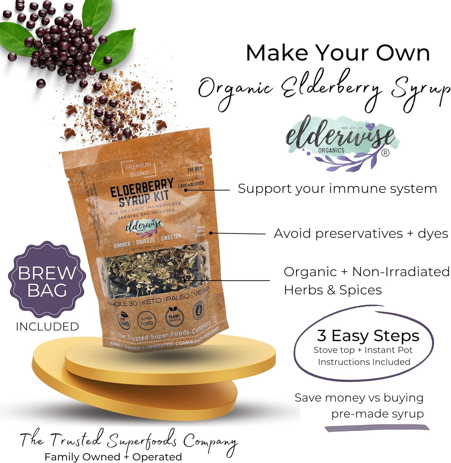 Organic Elderberry Aronia Berry Syrup Kit - DIY Elderwise Organics Brewing Set for 32oz Syrup with Elderberries, Aronia Berries, Rosehips, Ginger, Echinacea, Cinnamon, Cloves, and Brewing Bag