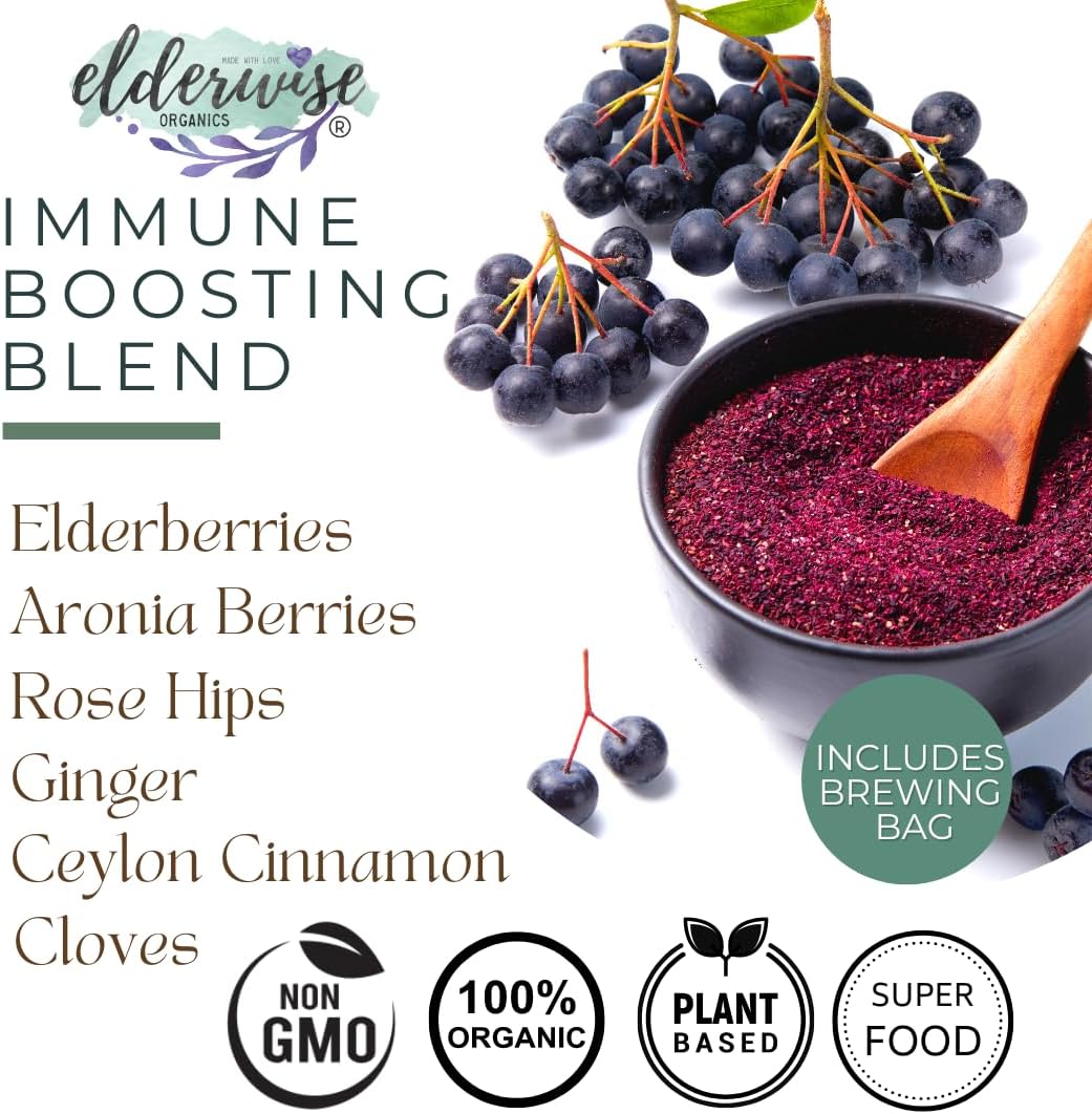 Organic Elderberry Aronia Berry Syrup Kit - DIY Elderwise Organics Brewing Set for 32oz Syrup with Elderberries, Aronia Berries, Rosehips, Ginger, Echinacea, Cinnamon, Cloves, and Brewing Bag