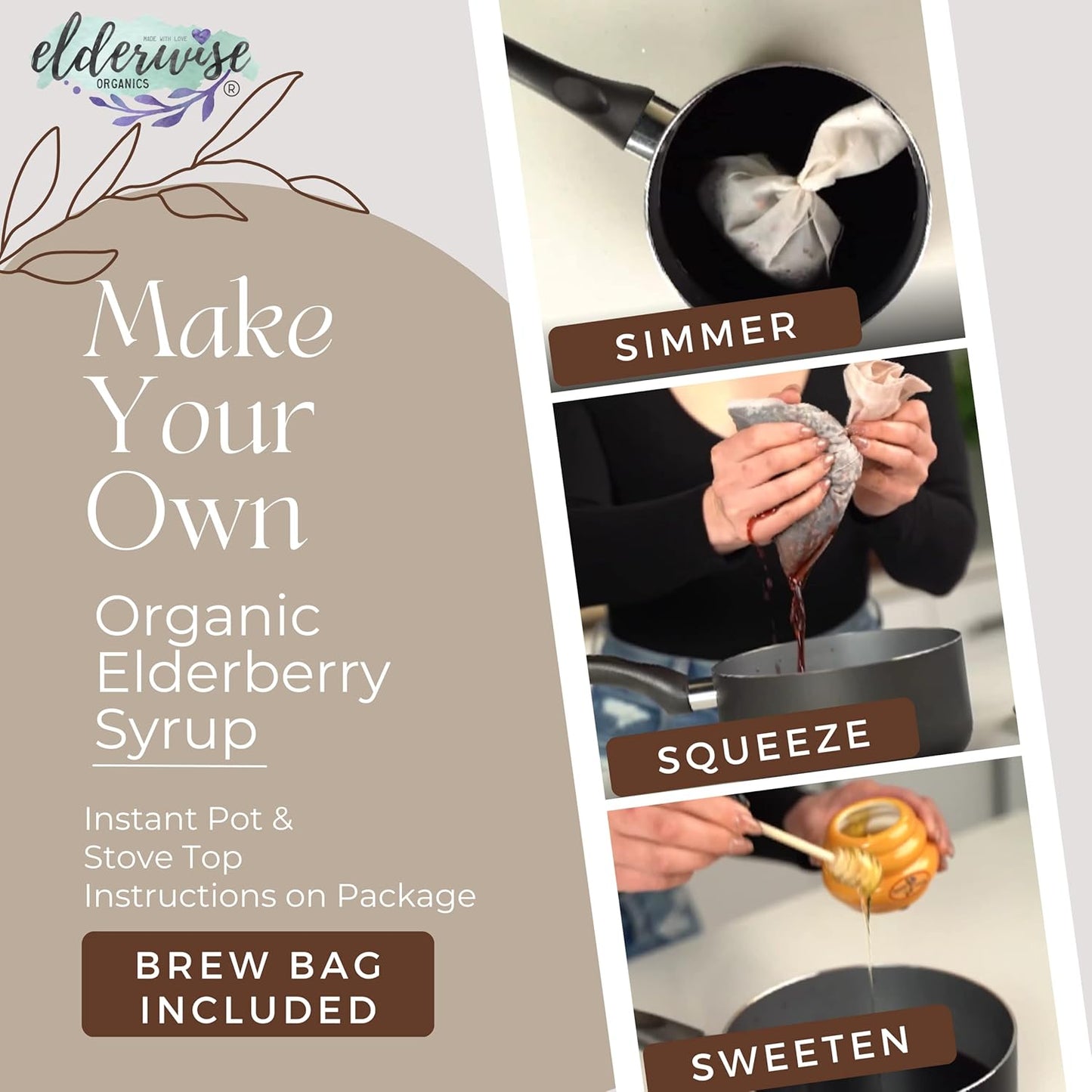 Organic Elderberry Aronia Berry Syrup Kit - DIY Elderwise Organics Brewing Set for 32oz Syrup with Elderberries, Aronia Berries, Rosehips, Ginger, Echinacea, Cinnamon, Cloves, and Brewing Bag