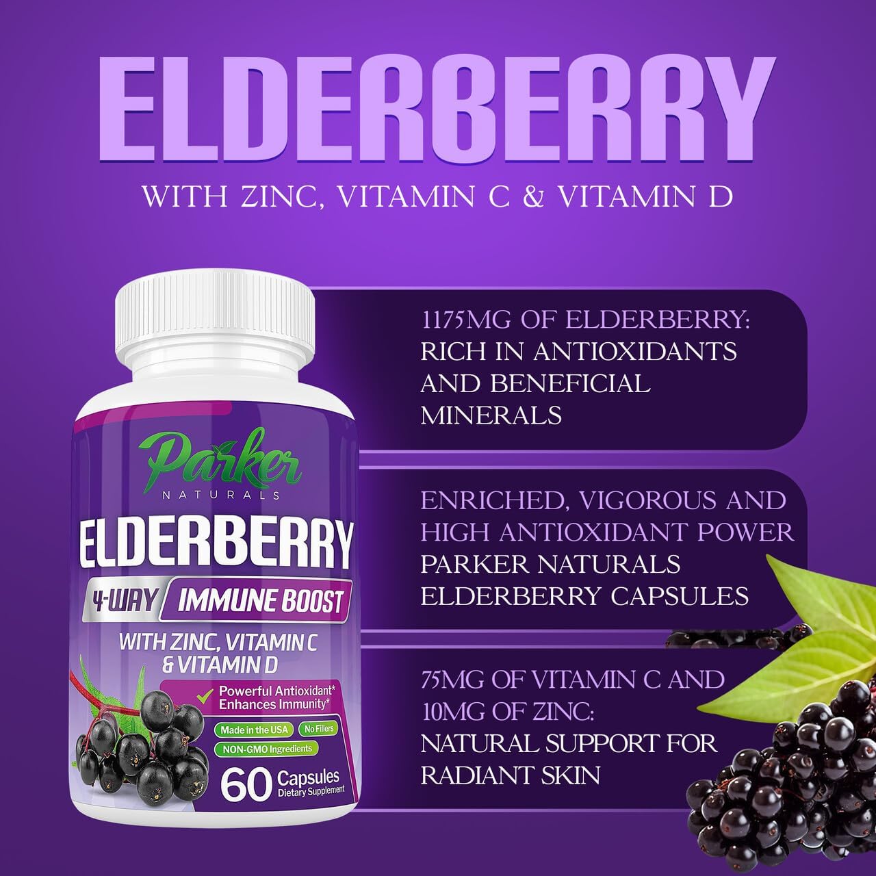 Organic Elderberry Capsules Bundle with Glutathione & Hyaluronic Acid Supplements for Glowing Skin, 120 Capsules - BoostGo Australia