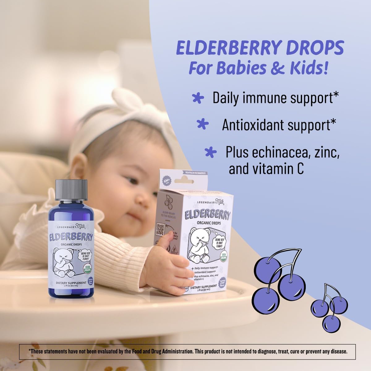 Organic Elderberry Drops for Babies & Toddlers - Immune Support Multivitamin with Echinacea, Vitamin C, Zinc - Non-GMO - 30 Servings