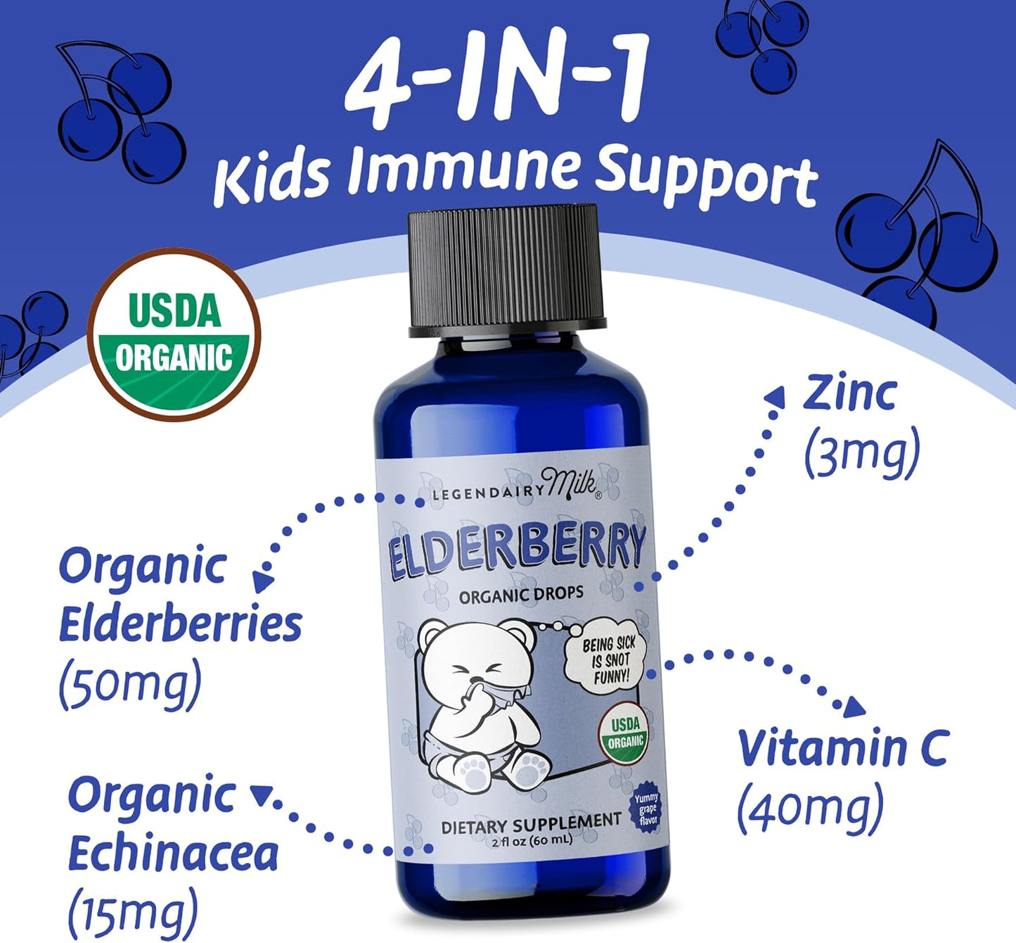 Organic Elderberry Drops for Babies & Toddlers - Immune Support Multivitamin with Echinacea, Vitamin C, Zinc - Non-GMO - 30 Servings