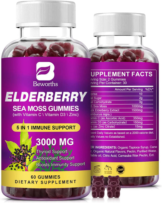 Organic Elderberry Gummies with Irish Sea Moss, Zinc, Vitamin C, D3 - Energy Support Supplement - BoostGo Australia