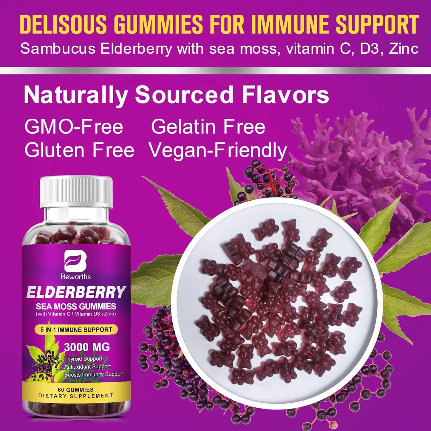 Organic Elderberry Gummies with Irish Sea Moss, Zinc, Vitamin C, D3 - Energy Support Supplement - BoostGo Australia