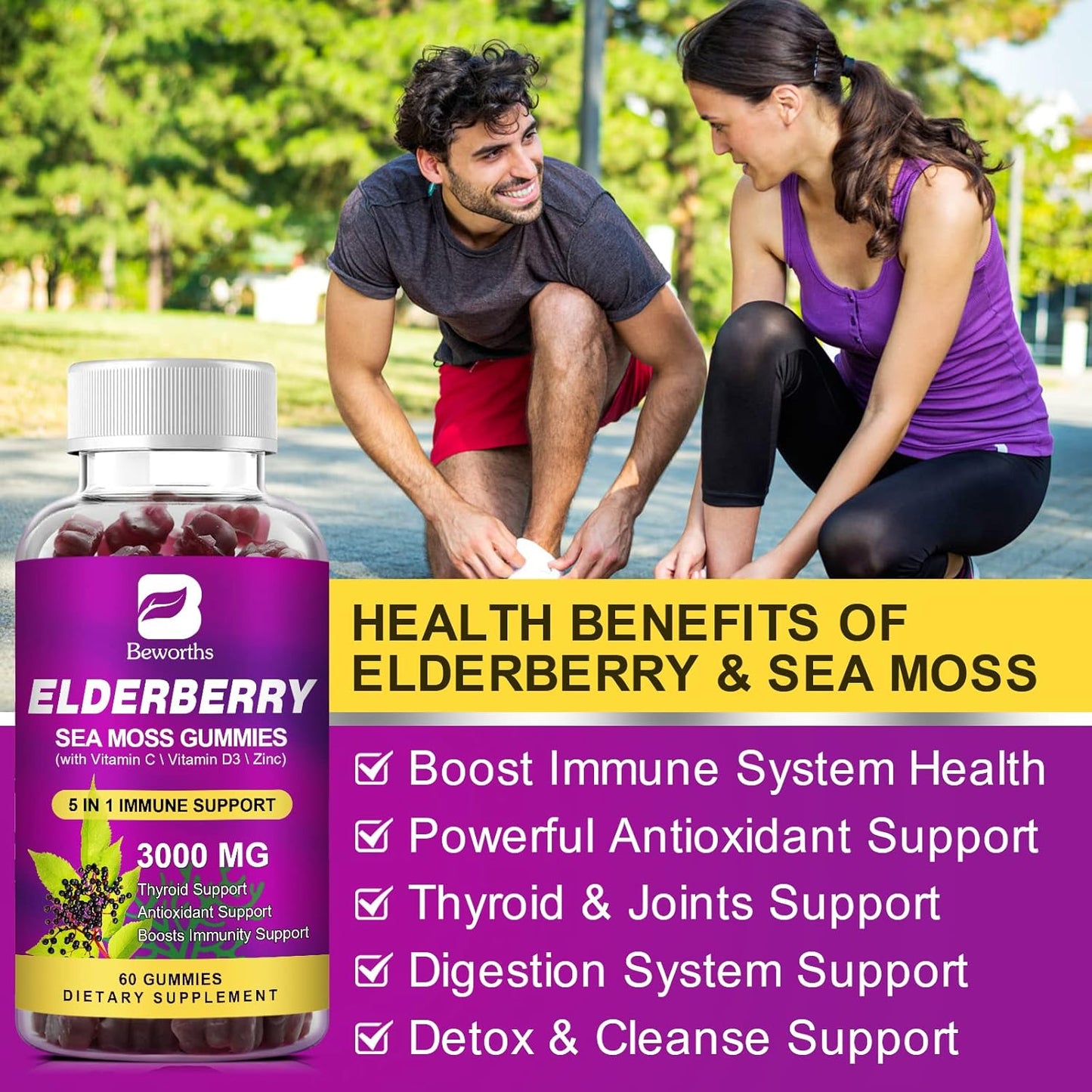 Organic Elderberry Gummies with Irish Sea Moss, Zinc, Vitamin C, D3 - Energy Support Supplement - BoostGo Australia