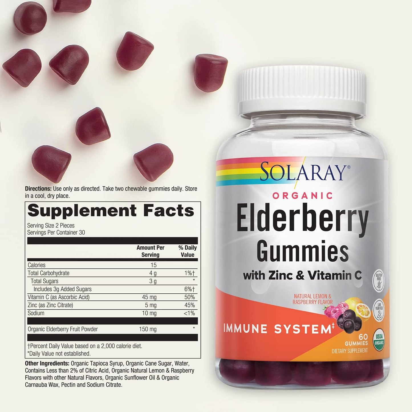 Organic Elderberry Gummies with Zinc & Vitamin C for Immune Support - 60 Ct, Gluten Free, 30 Servings