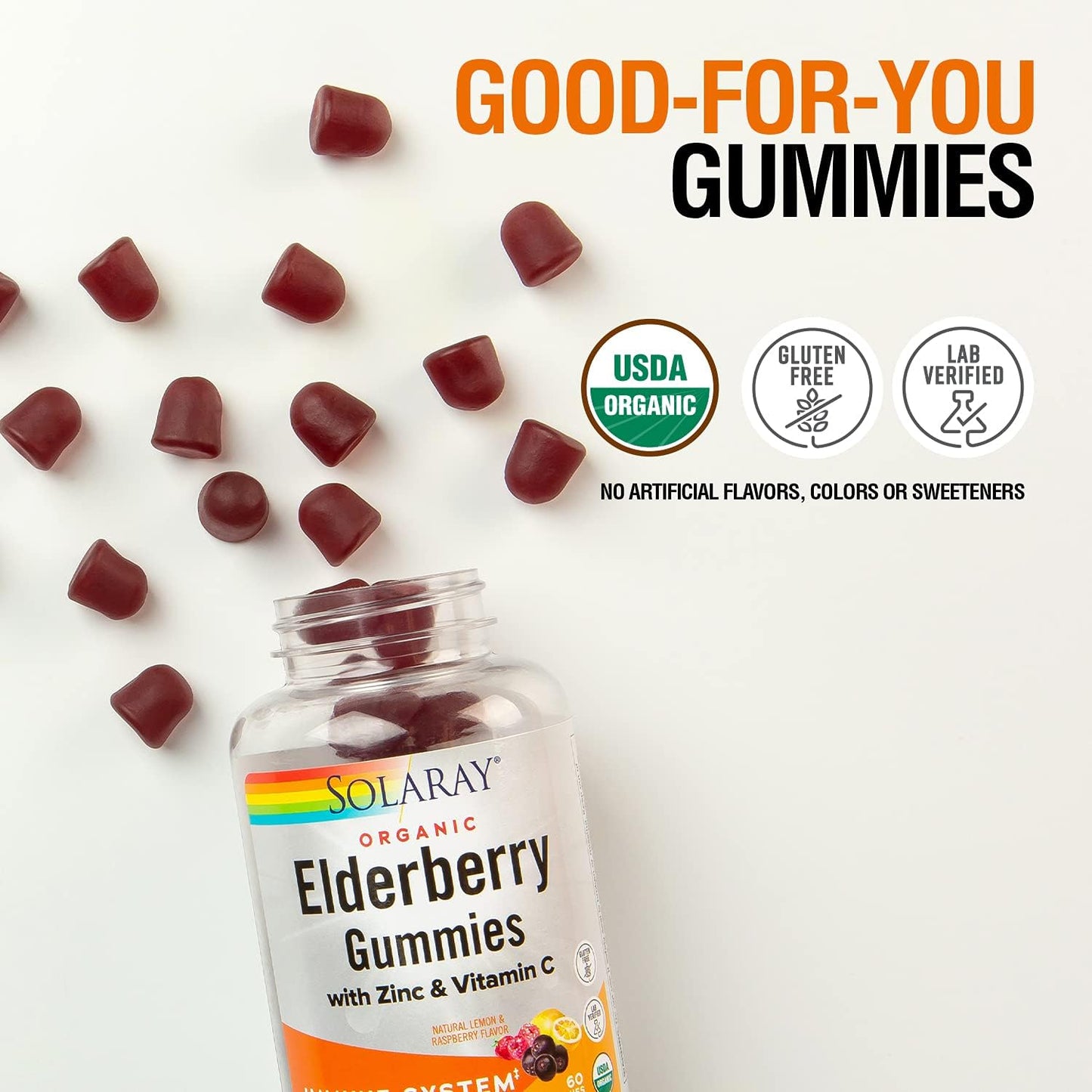 Organic Elderberry Gummies with Zinc & Vitamin C for Immune Support - 60 Ct, Gluten Free, 30 Servings