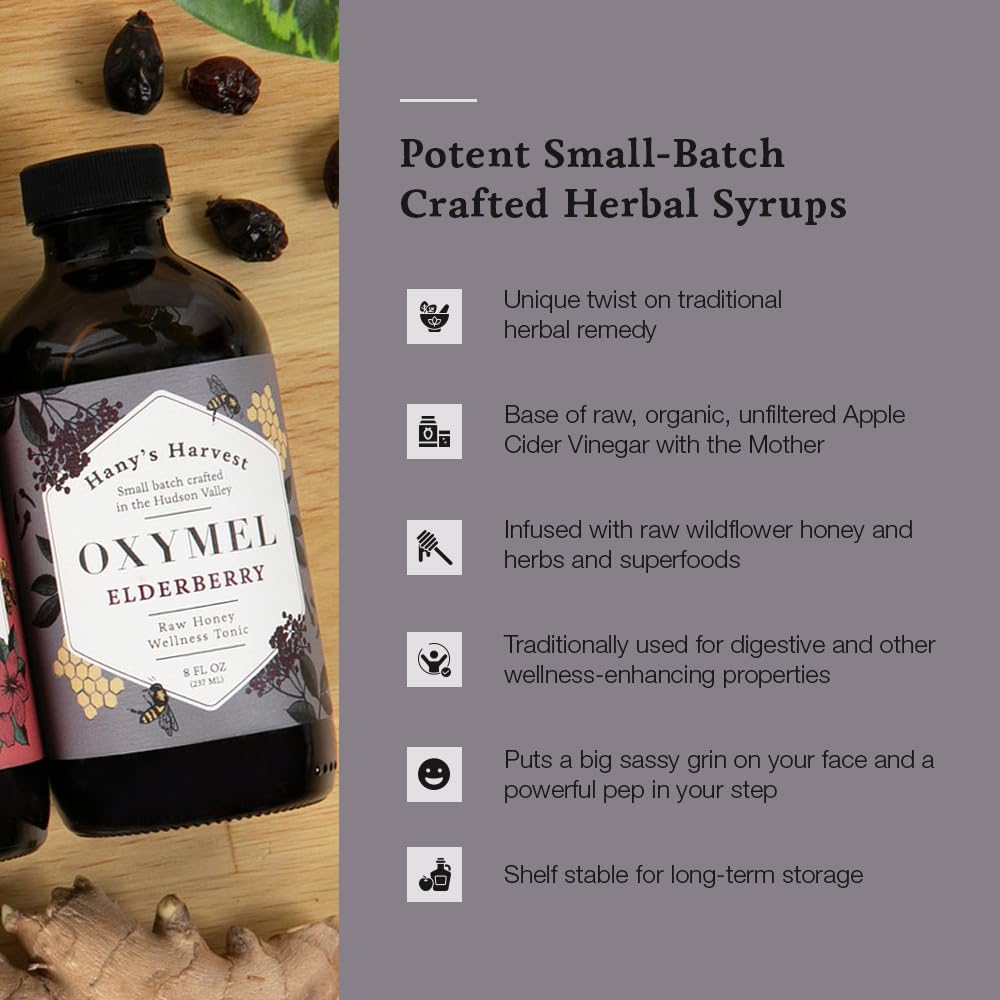 Organic Elderberry Herbal Syrup with Apple Cider Vinegar & Raw Honey - 8 fl oz | Natural Wellness Tonic by Hany's Harvest | Handcrafted & Non-GMO