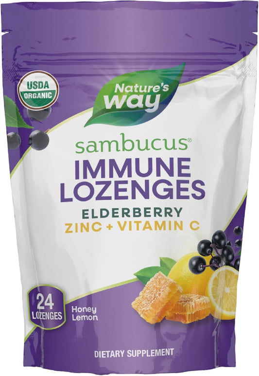 Organic Elderberry Immune Support Lozenges with Zinc & Vitamin C, Honey Lemon Flavor - 24 Count