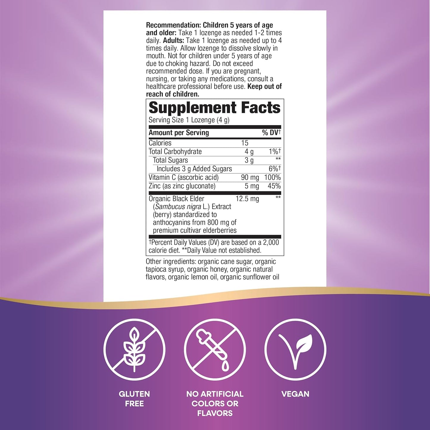 Organic Elderberry Immune Support Lozenges with Zinc & Vitamin C, Honey Lemon Flavor - 24 Count
