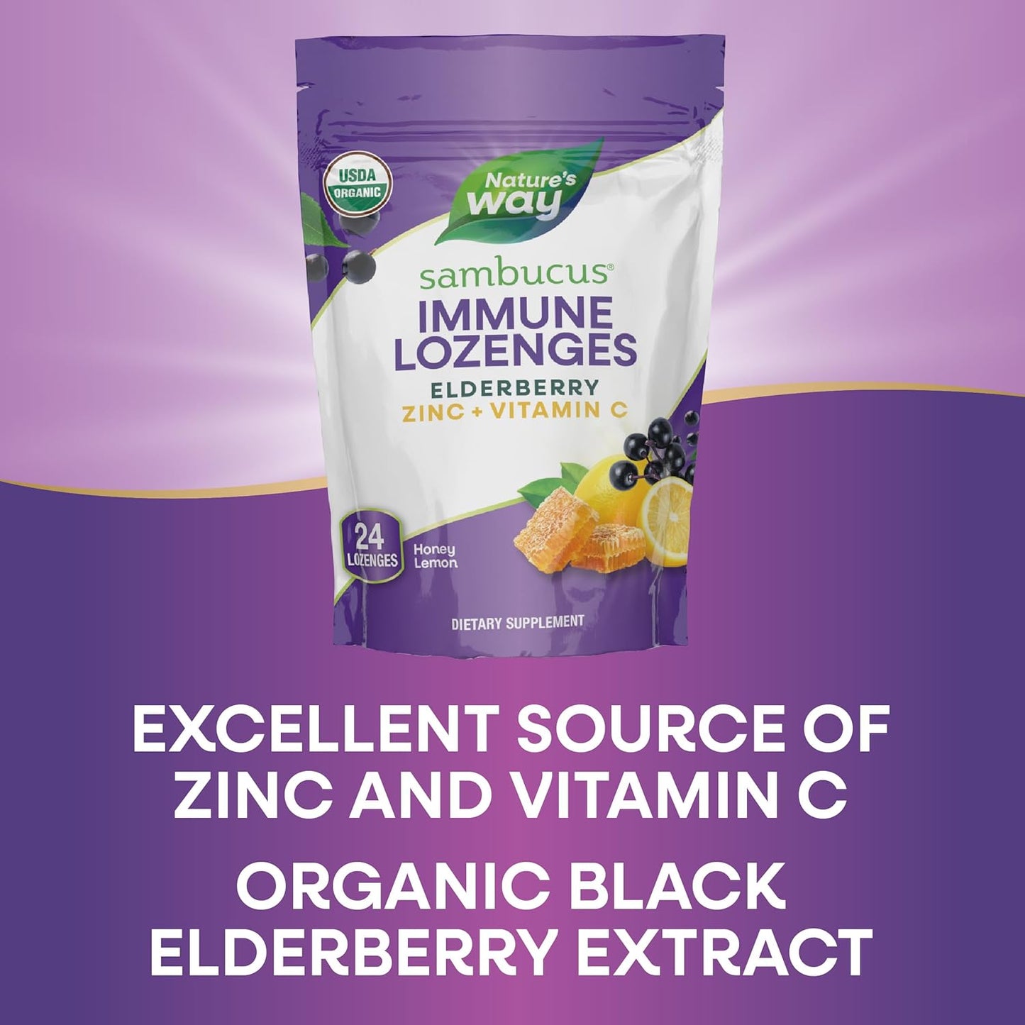 Organic Elderberry Immune Support Lozenges with Zinc & Vitamin C, Honey Lemon Flavor - 24 Count