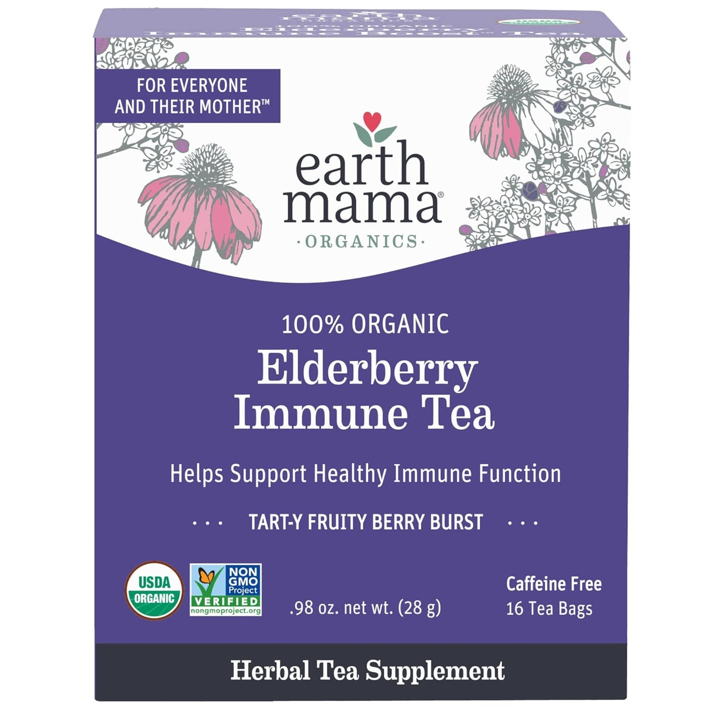 Organic Elderberry Immune Support Tea with Echinacea | Safe for Pregnancy, Breastfeeding, and Kids | Decaf Tea with Ginger & Rooibos | 16-Count