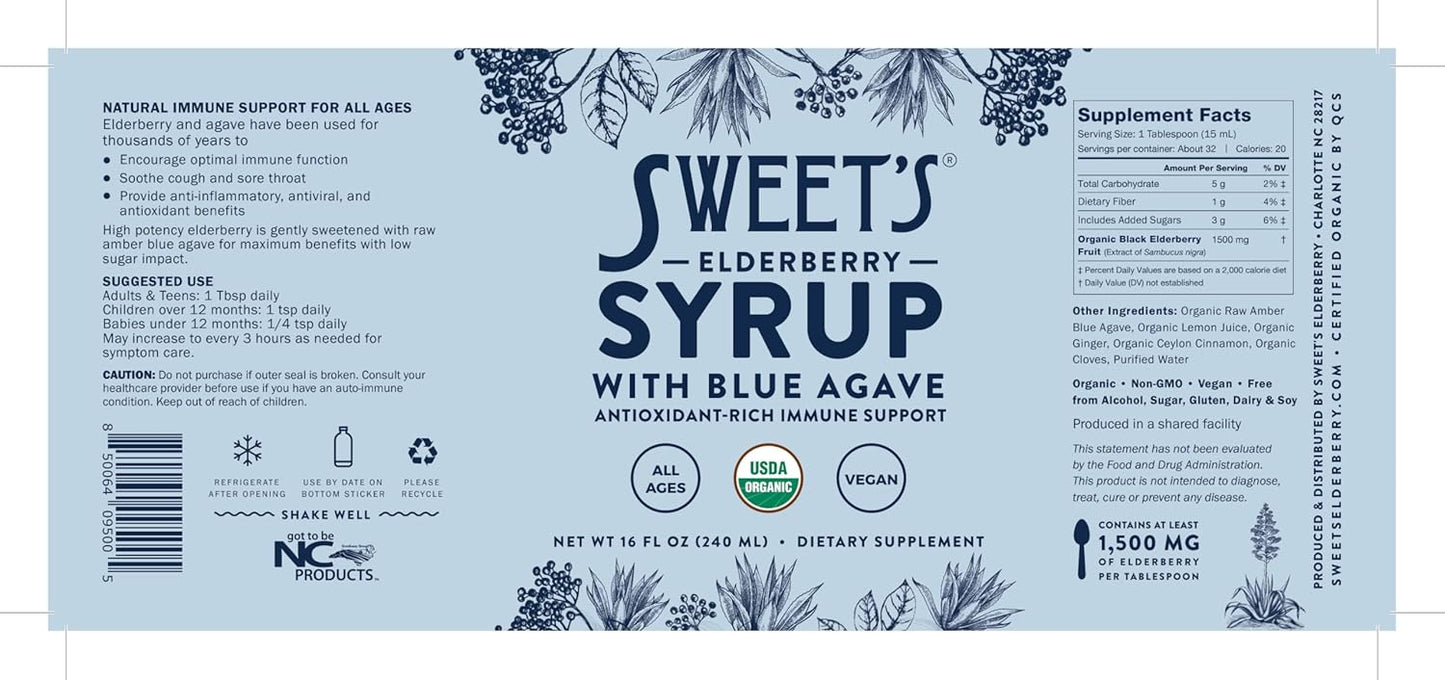 Organic Elderberry Syrup with Blue Agave for Immune Support - 16 oz Vegan, Gluten-Free Formula | USDA Certified