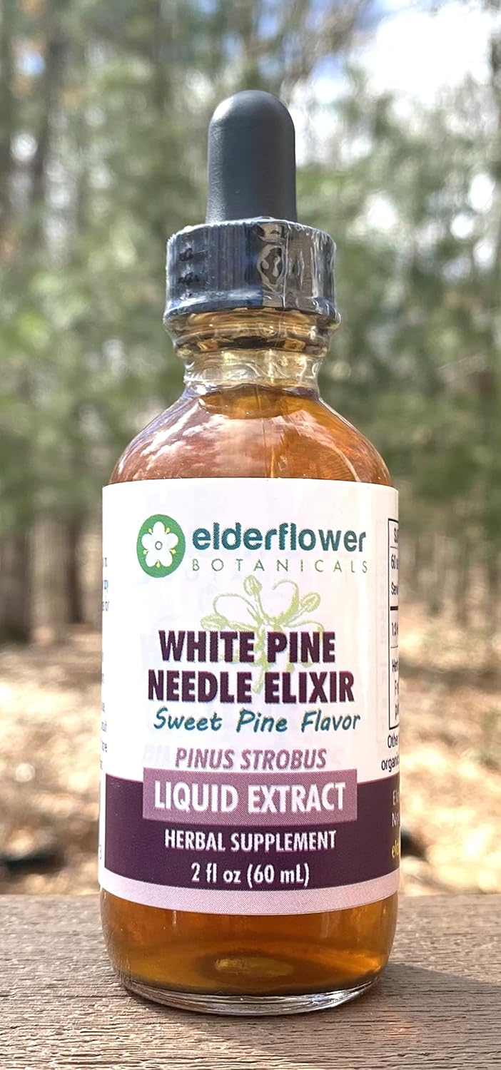 Organic Elderflower Botanicals Pine Needle Elixir Extract - 2 Fl Oz - Shikimic Acid Rich Sugar-Free Sweet Pine Flavor