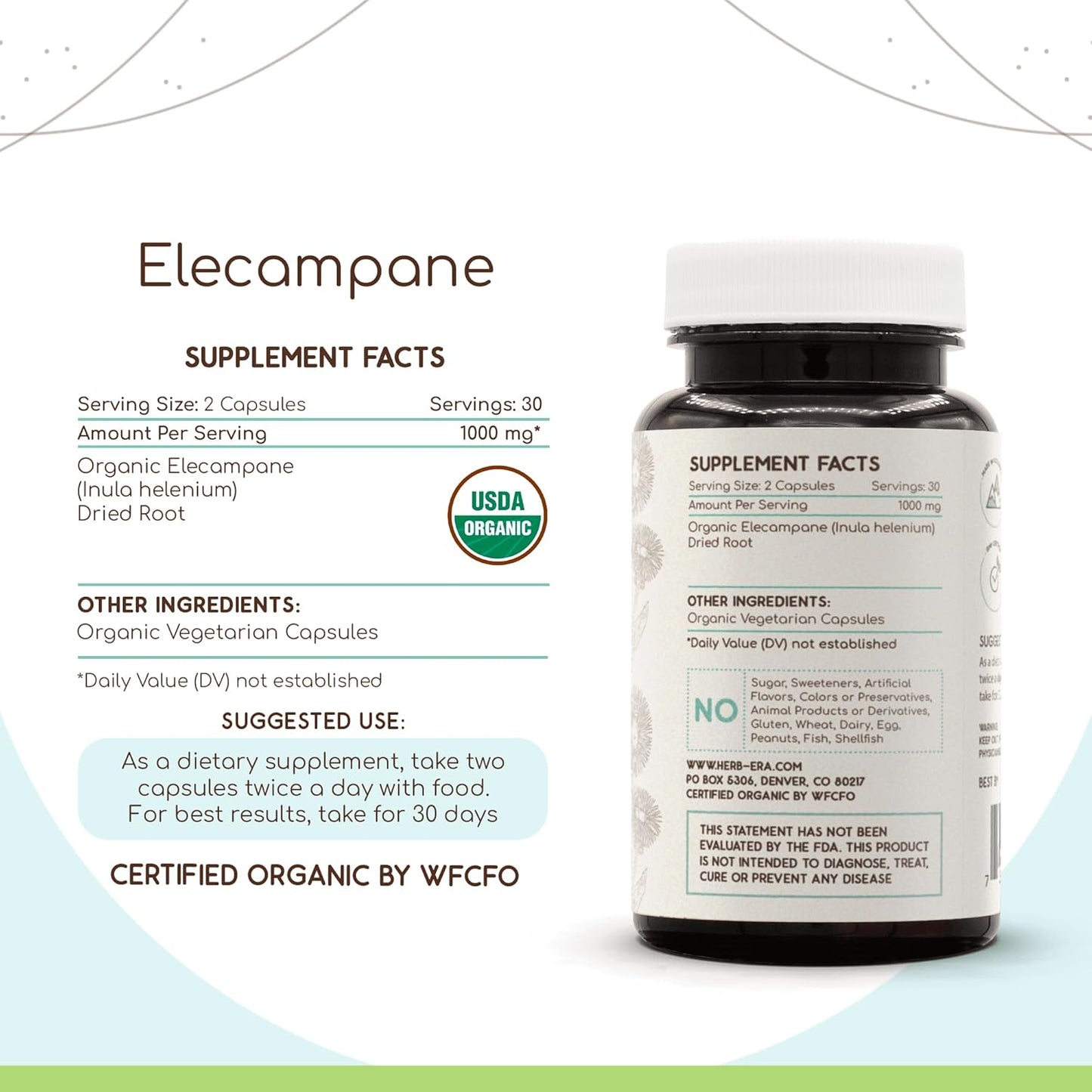 Organic Elecampane Capsules - 60 ct | Herbal Supplement | Vegetarian Capsules with Certified Organic Elecampane Root