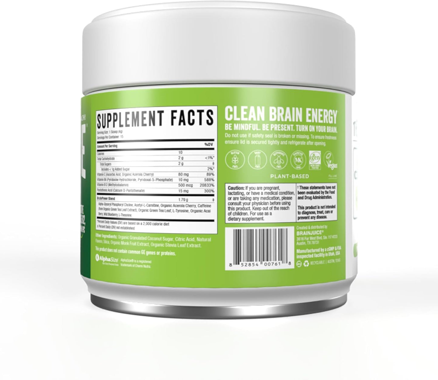 Organic Energy and Focus Drink Mix with L-Theanine and Vitamin B - BrainJuice Nootropic Supplement, Gluten-Free Powder, 15 Servings