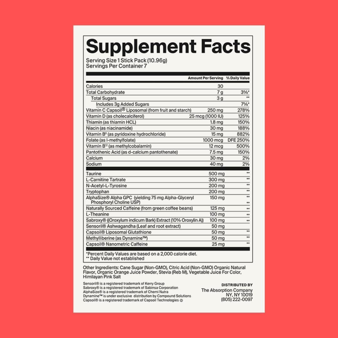 Organic Energy Drink Mix Packets with Natural Caffeine and Immune Support - Fruit Punch Flavor - 7 Sticks