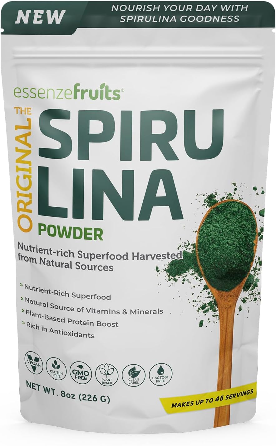 Organic Essenzefruits Spirulina Powder - 8 oz (226 g) for Immune Support, Antioxidants, Non-GMO, Gluten-Free, Nutrient-Dense Superfood