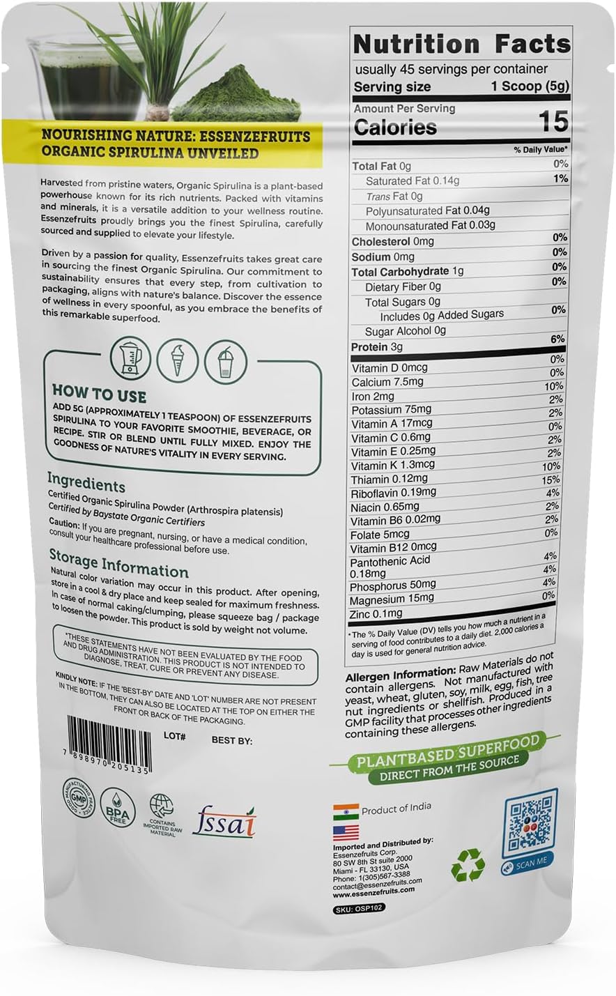 Organic Essenzefruits Spirulina Powder - 8 oz (226 g) for Immune Support, Antioxidants, Non-GMO, Gluten-Free, Nutrient-Dense Superfood
