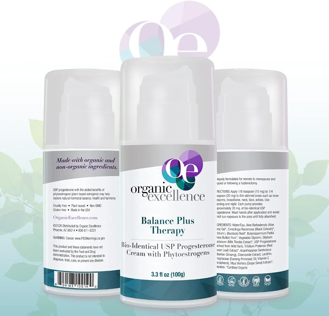 Organic Excellence Balance Plus Therapy - Bioidentical Progesterone Cream with Phytoestrogens for Menopause Relief and Hormone Balance - 3.3 fl oz