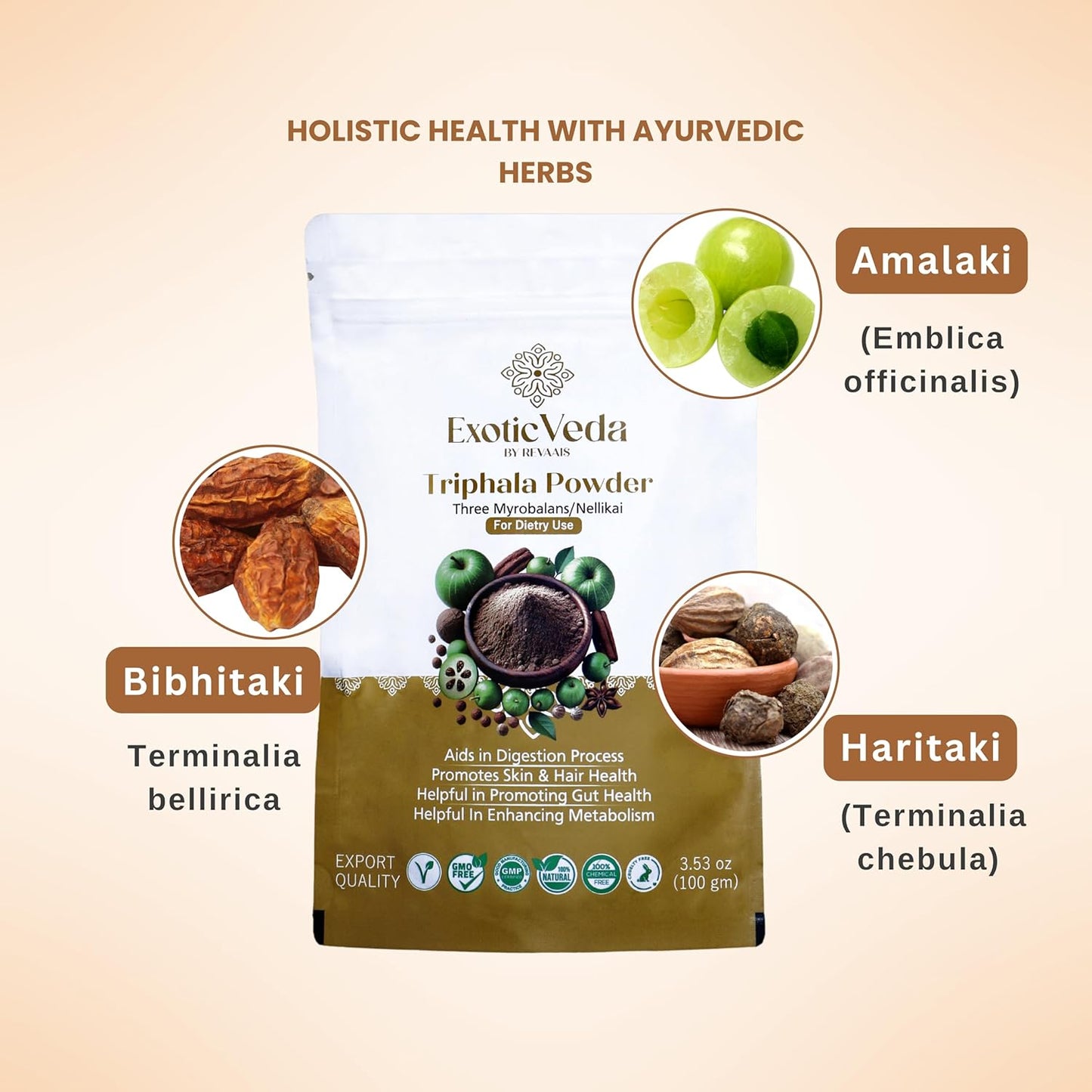 Organic Exotic Veda Triphala Powder for Detox Cleanse - Lung, Liver, Colon, Gut Health - Herbal Skin Care and Fiber - Triphala Ghrita and Organic India - 100g