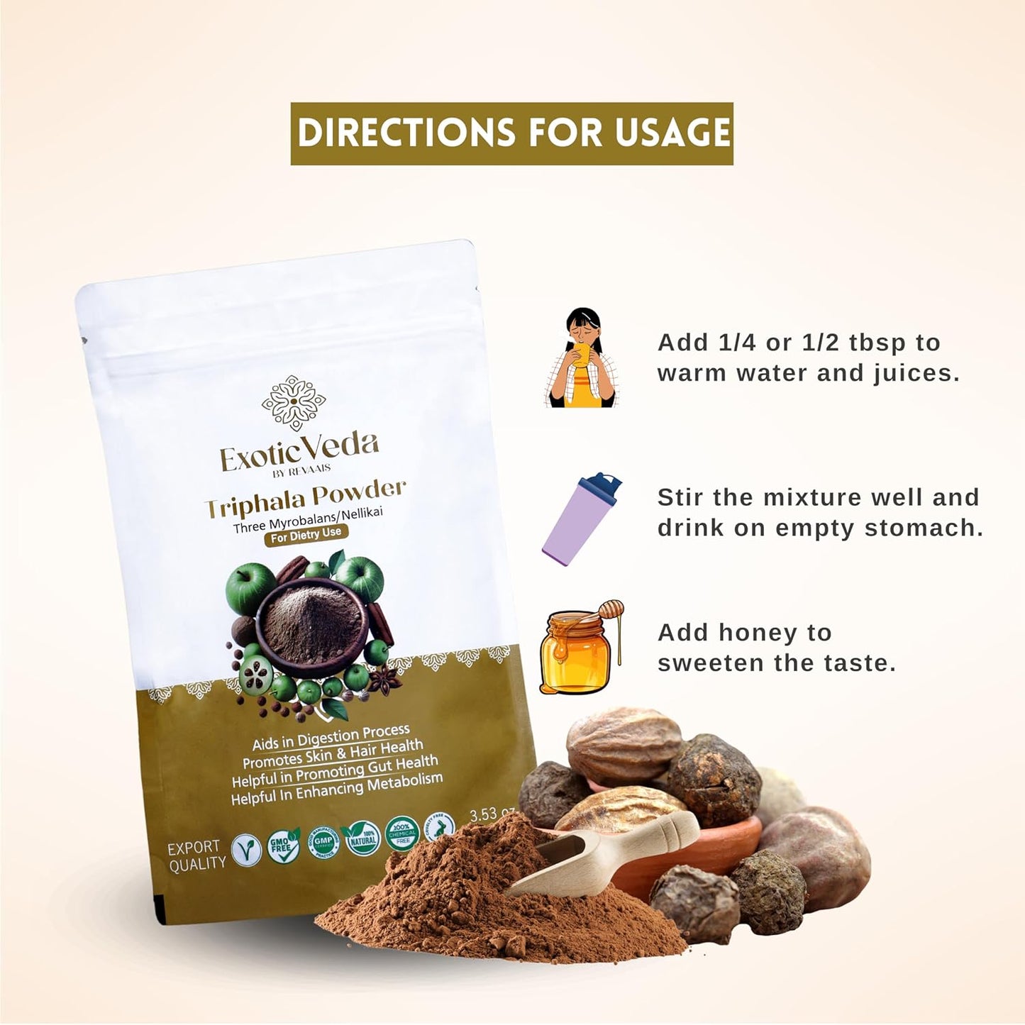 Organic Exotic Veda Triphala Powder for Detox Cleanse - Lung, Liver, Colon, Gut Health - Herbal Skin Care and Fiber - Triphala Ghrita and Organic India - 100g