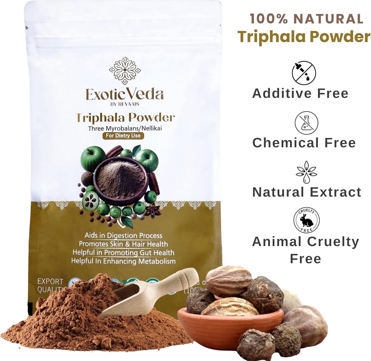 Organic Exotic Veda Triphala Powder for Detox Cleanse - Lung, Liver, Colon, Gut Health - Herbal Skin Care and Fiber - Triphala Ghrita and Organic India - 100g
