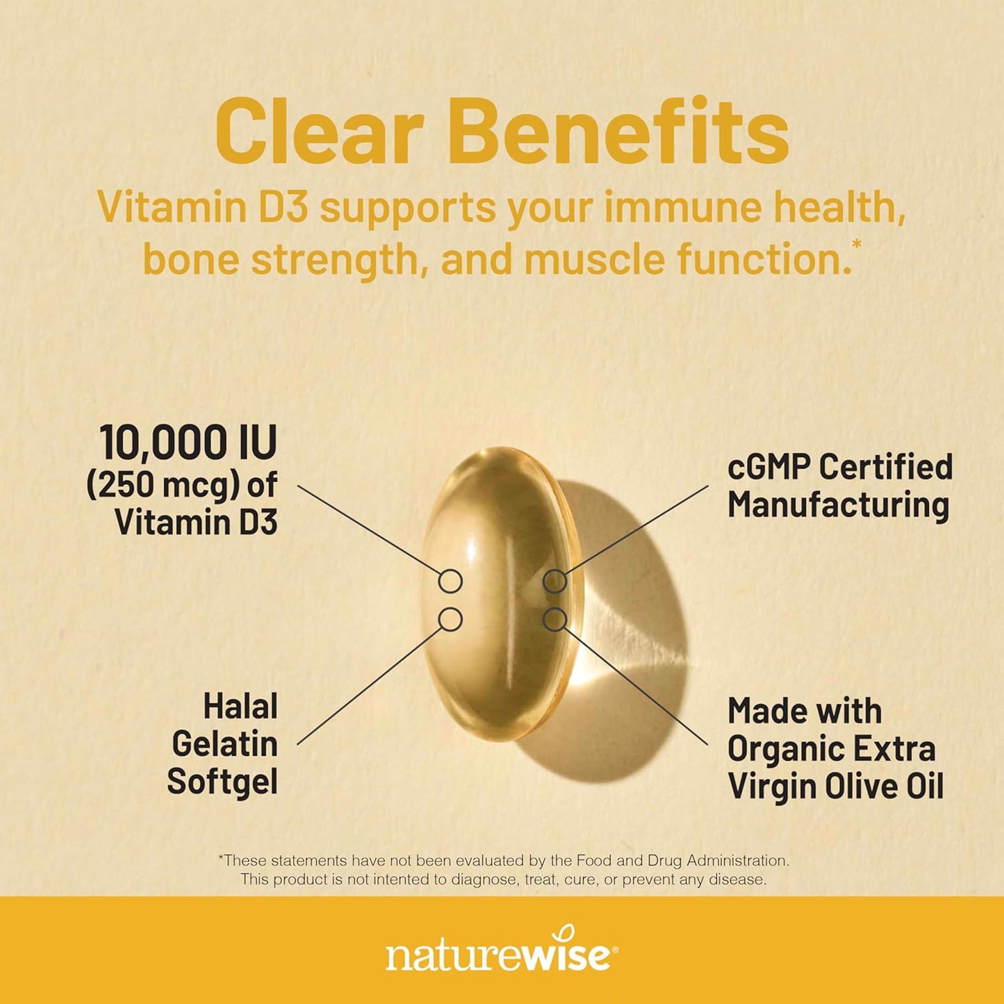 Organic Extra Virgin Olive Oil Vitamin D3 Softgels 10,000IU for Muscle Function & Immune Support - 30 Count
