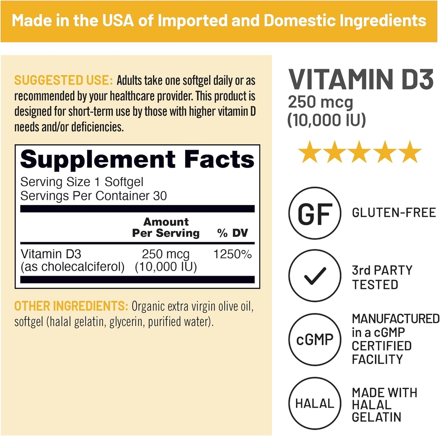 Organic Extra Virgin Olive Oil Vitamin D3 Softgels 10,000IU for Muscle Function & Immune Support - 30 Count
