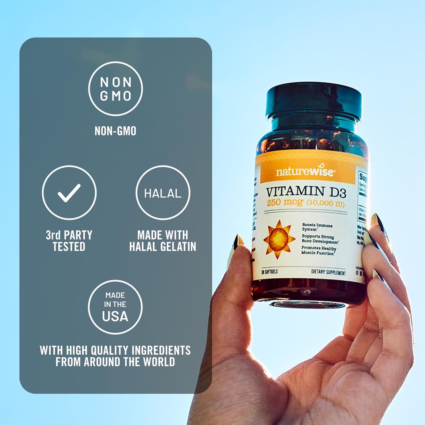 Organic Extra Virgin Olive Oil Vitamin D3 Softgels 10,000IU for Muscle Function & Immune Support - 30 Count