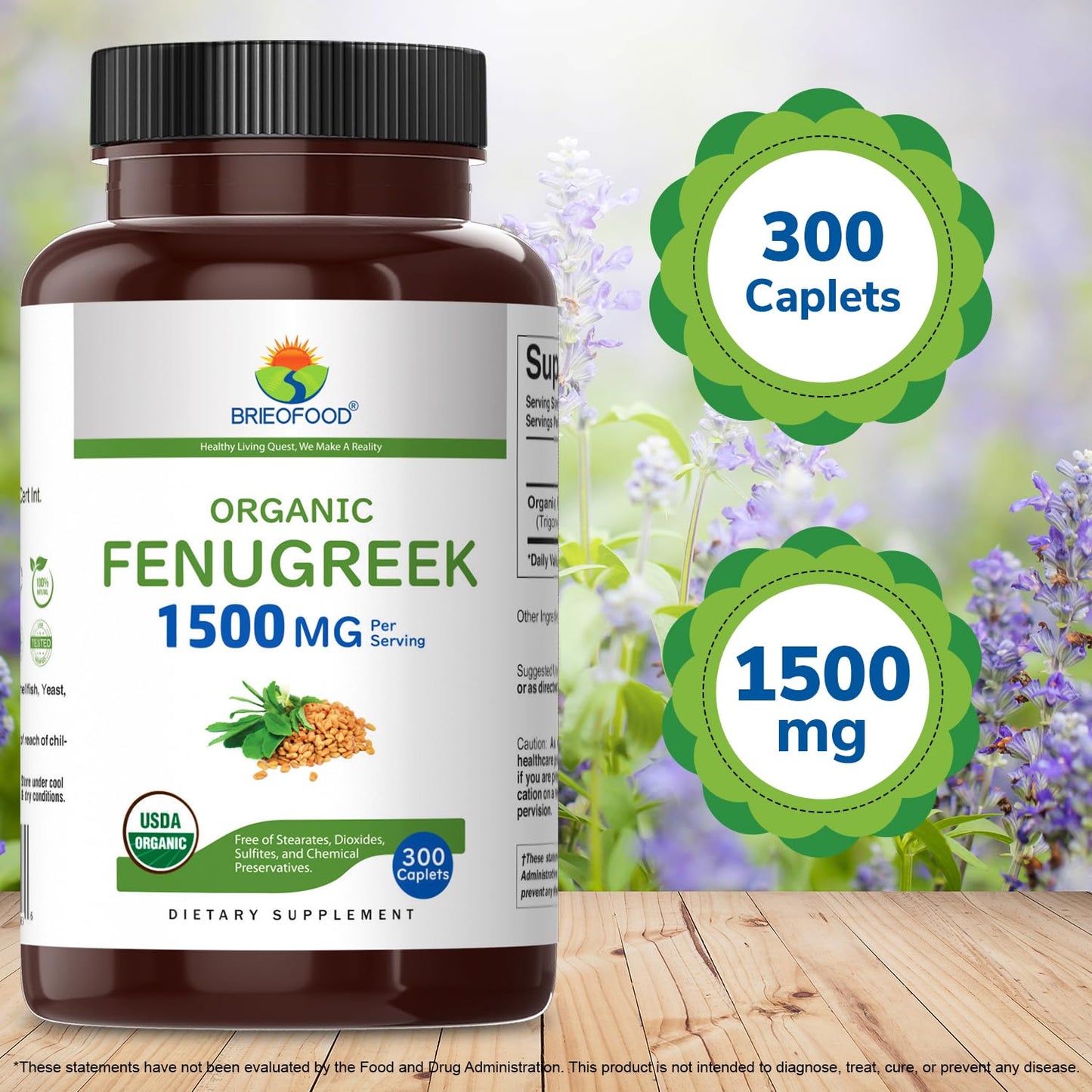 Organic Fenugreek 1500mg Tablets - 150 Servings, Vegetarian & Gluten Free - Brieofood 300 Tablets