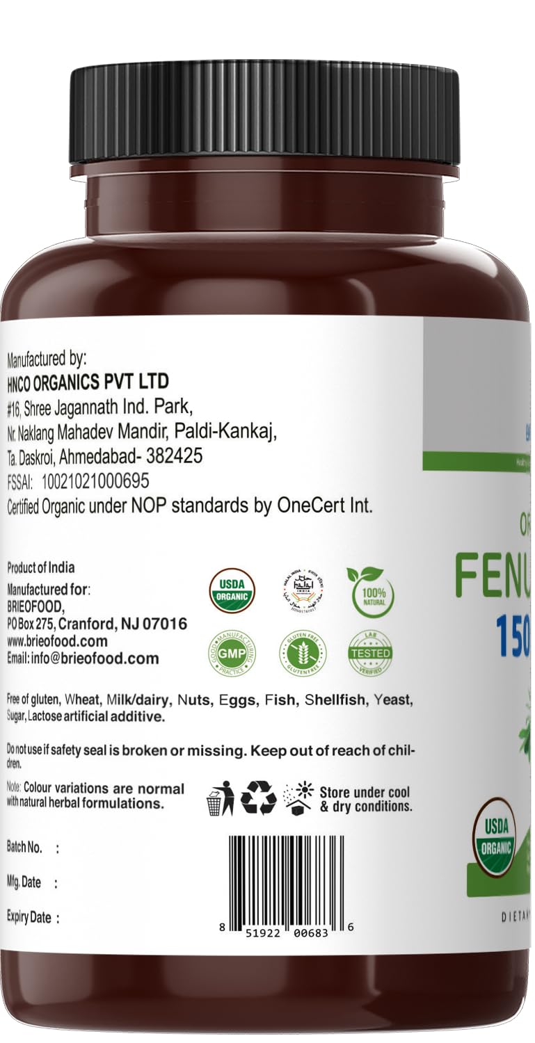 Organic Fenugreek 1500mg Tablets - 150 Servings, Vegetarian & Gluten Free - Brieofood 300 Tablets
