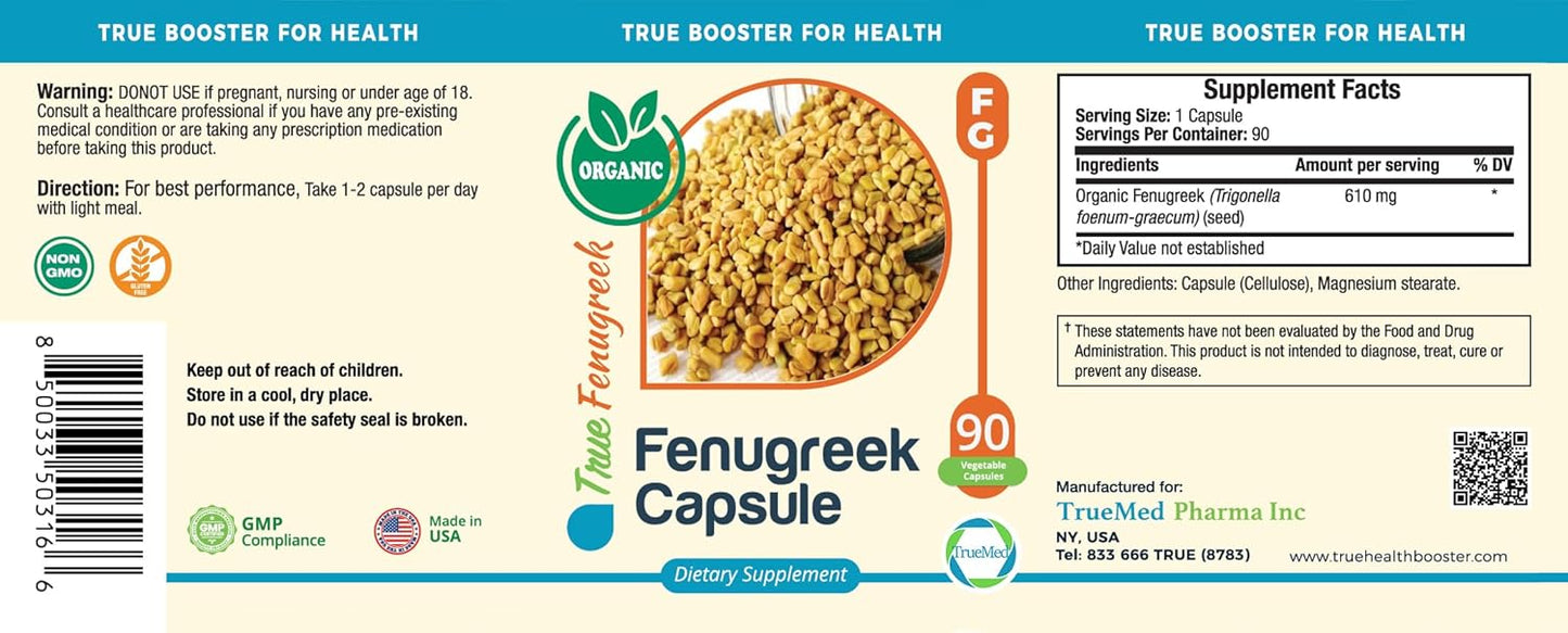 Organic Fenugreek Capsules for Metabolic Support, Energy Boost, and Hormone Balance - 610mg, 90 Capsules