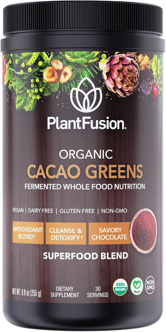 Organic Fermented Superfood Blend with Cacao Powder & Super Greens - Digestive Enzymes, Prebiotic Fiber, Antioxidants - Vegan, Non-GMO, Gluten Free - Chocolate, 30 Servings, 8.47oz