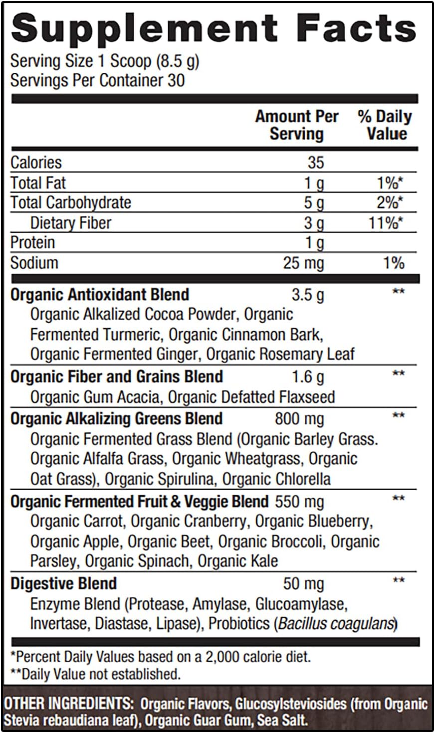 Organic Fermented Superfood Blend with Cacao Powder & Super Greens - Digestive Enzymes, Prebiotic Fiber, Antioxidants - Vegan, Non-GMO, Gluten Free - Chocolate, 30 Servings, 8.47oz