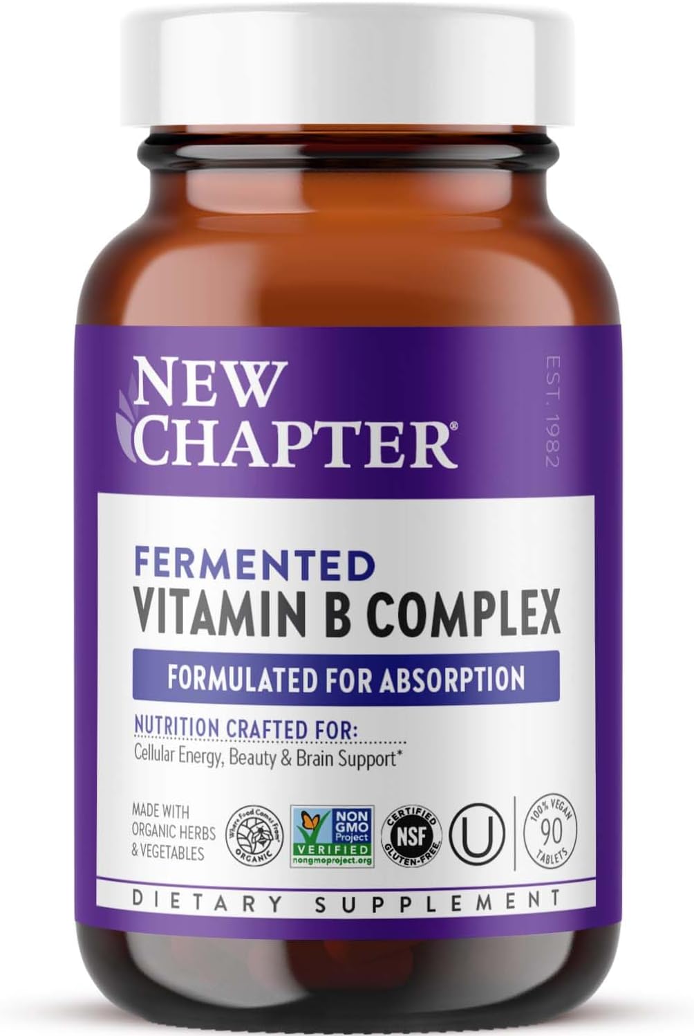 Organic Fermented Vitamin B Complex for Cellular Energy, Brain, Beauty - 90 Vegan Capsules
