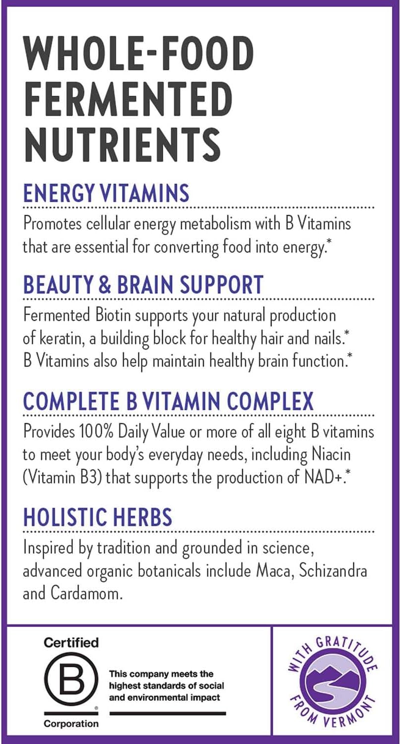 Organic Fermented Vitamin B Complex for Cellular Energy, Brain, Beauty - 90 Vegan Capsules