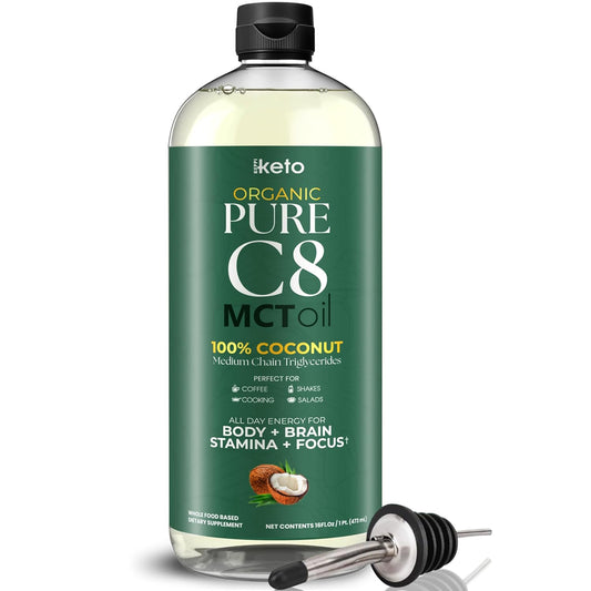 Organic Flavorless C8 MCT Oil - Non-GMO, Gluten-Free, Vegan, Kosher, Halal - 16 oz Coconut Oil Alternative