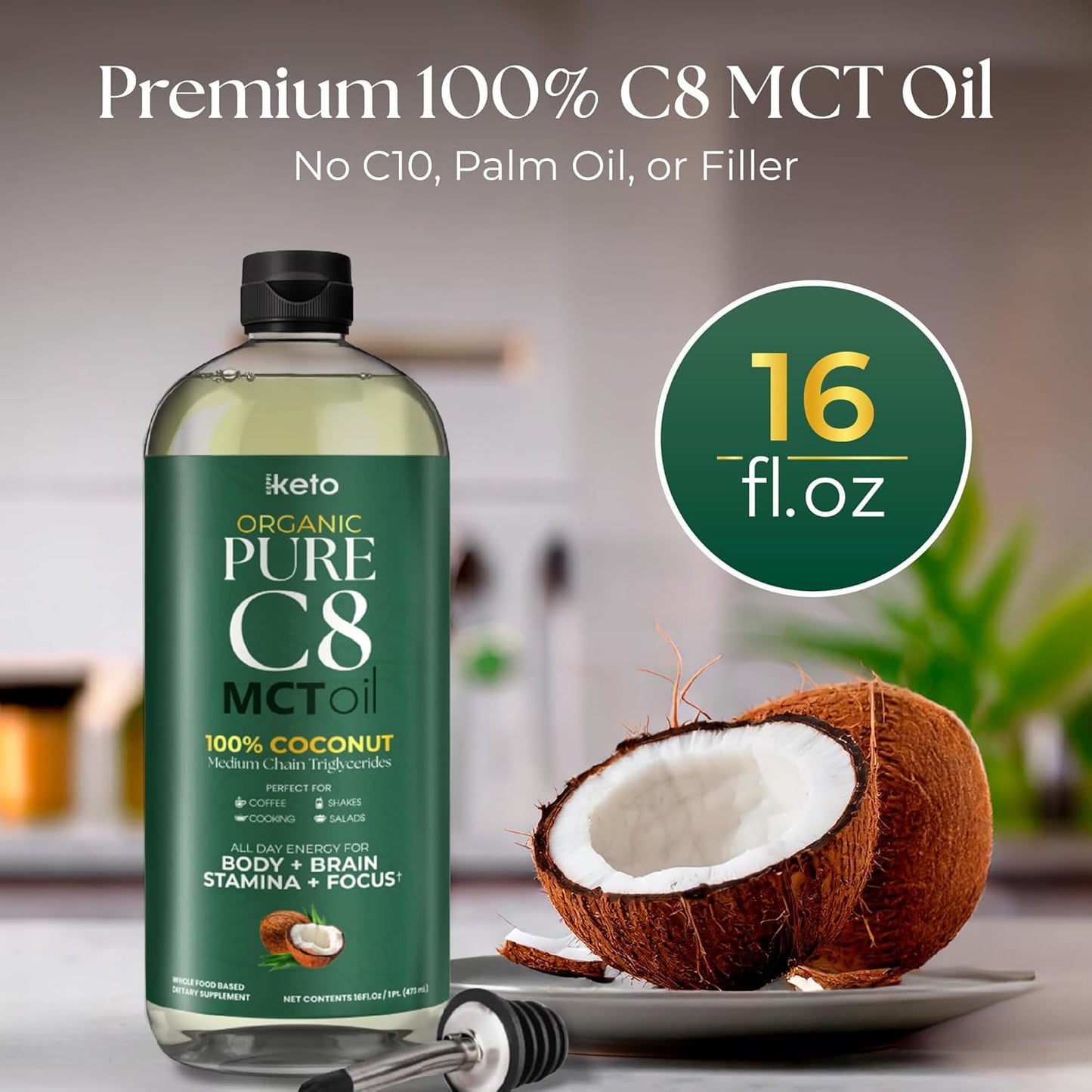 Organic Flavorless C8 MCT Oil - Non-GMO, Gluten-Free, Vegan, Kosher, Halal - 16 oz Coconut Oil Alternative