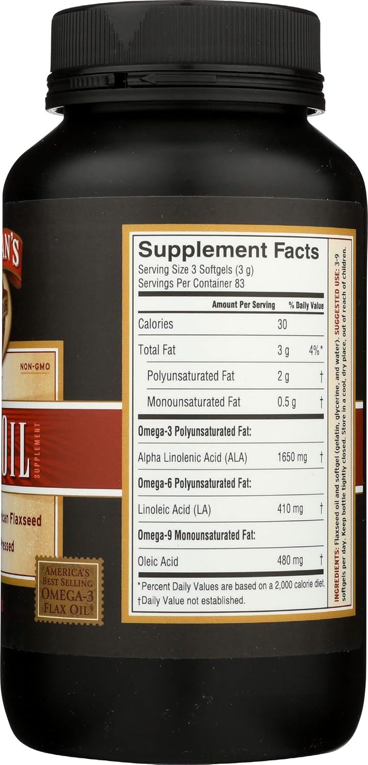 Organic Flax Oil Capsules by Barlean's - Rich in Omega-3 Fatty Acids for Heart Health - Cold-Pressed Supplement for Overall Wellness