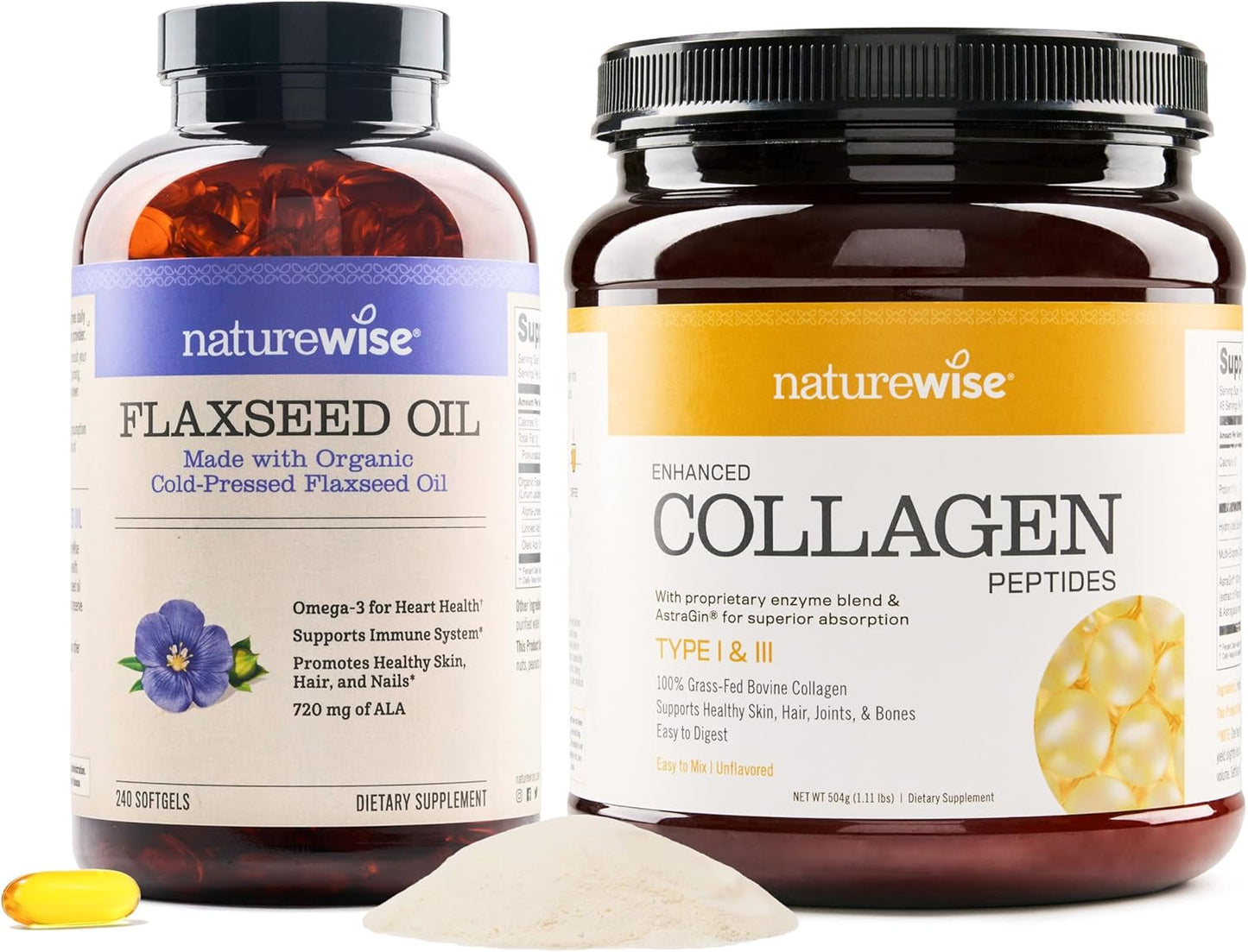 Organic Flaxseed Oil Capsules with Enhanced Collagen Peptides - 720mg ALA (45 Servings) by NatureWise