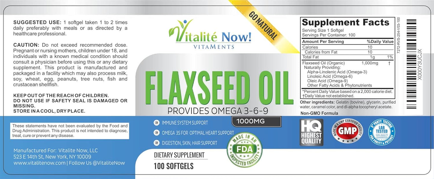 Organic Flaxseed Oil Softgels - 1000mg Virgin Cold Pressed, Hair Skin & Nails Support - Omega 3-6-9 Supplement - 100 Count - 3+ Month Supply