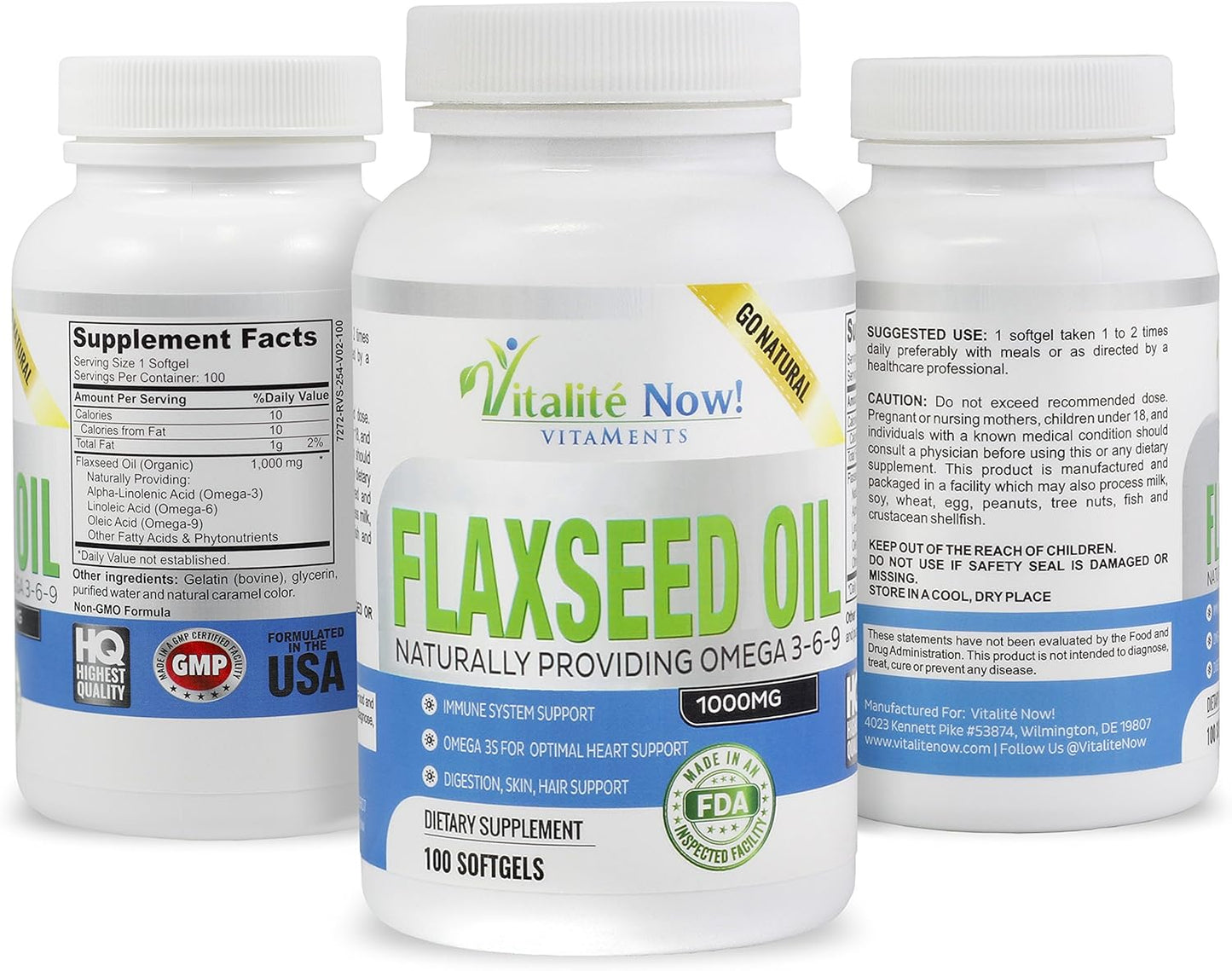 Organic Flaxseed Oil Softgels - 1000mg Virgin Cold Pressed, Hair Skin & Nails Support - Omega 3-6-9 Supplement - 100 Count - 3+ Month Supply