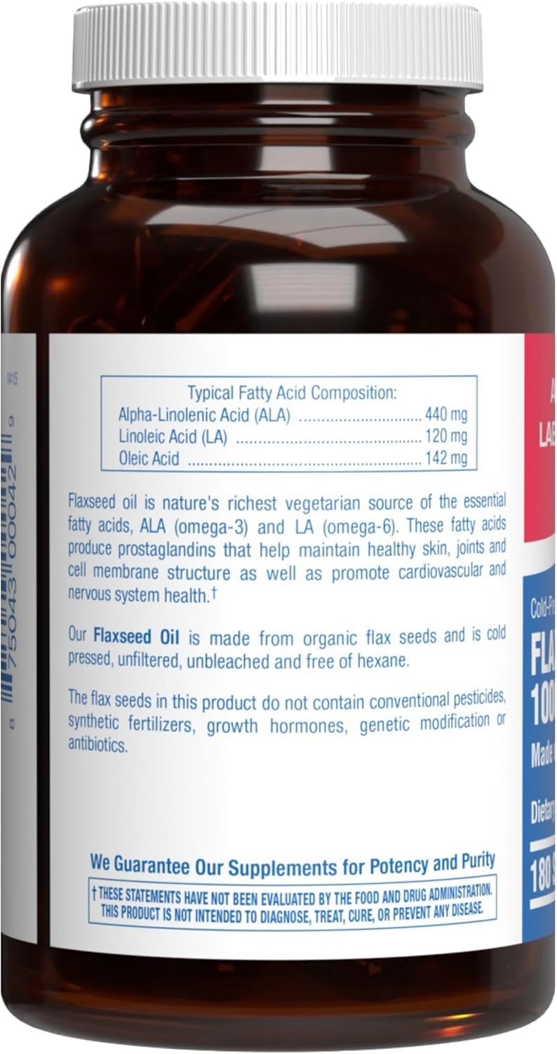 Organic Flaxseed Oil Softgels 1000mg - Non GMO Omega 3 6 9 Supplement - Cold Pressed Flax Seed Oil Softgels for Full Body Benefits - Fish Free (180 Softgels)