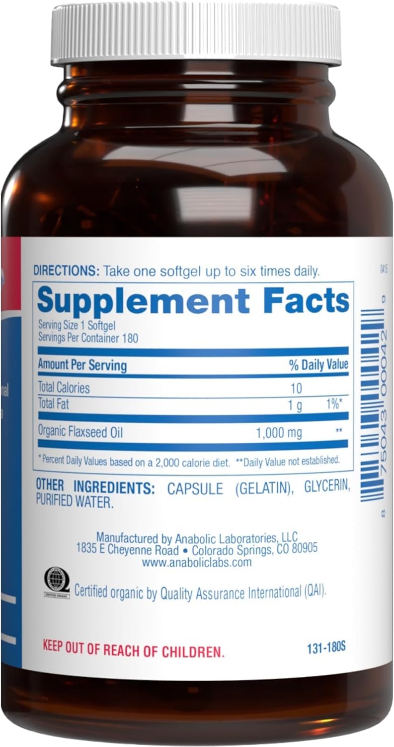 Organic Flaxseed Oil Softgels 1000mg - Non GMO Omega 3 6 9 Supplement - Cold Pressed Flax Seed Oil Softgels for Full Body Benefits - Fish Free (180 Softgels)