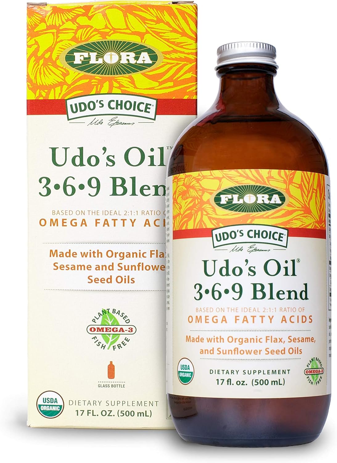 Organic Flora Omega 369 Oil Blend with Flax, Sesame & Sunflower Seed Oils - Vegan Fatty Acids in 2:1:1 Ratio - 17 oz Bottle